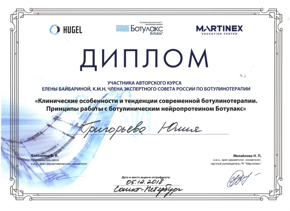 Сертификат - Курс "Ботулинотерапия". Григорьева Юлия Ростиславовна