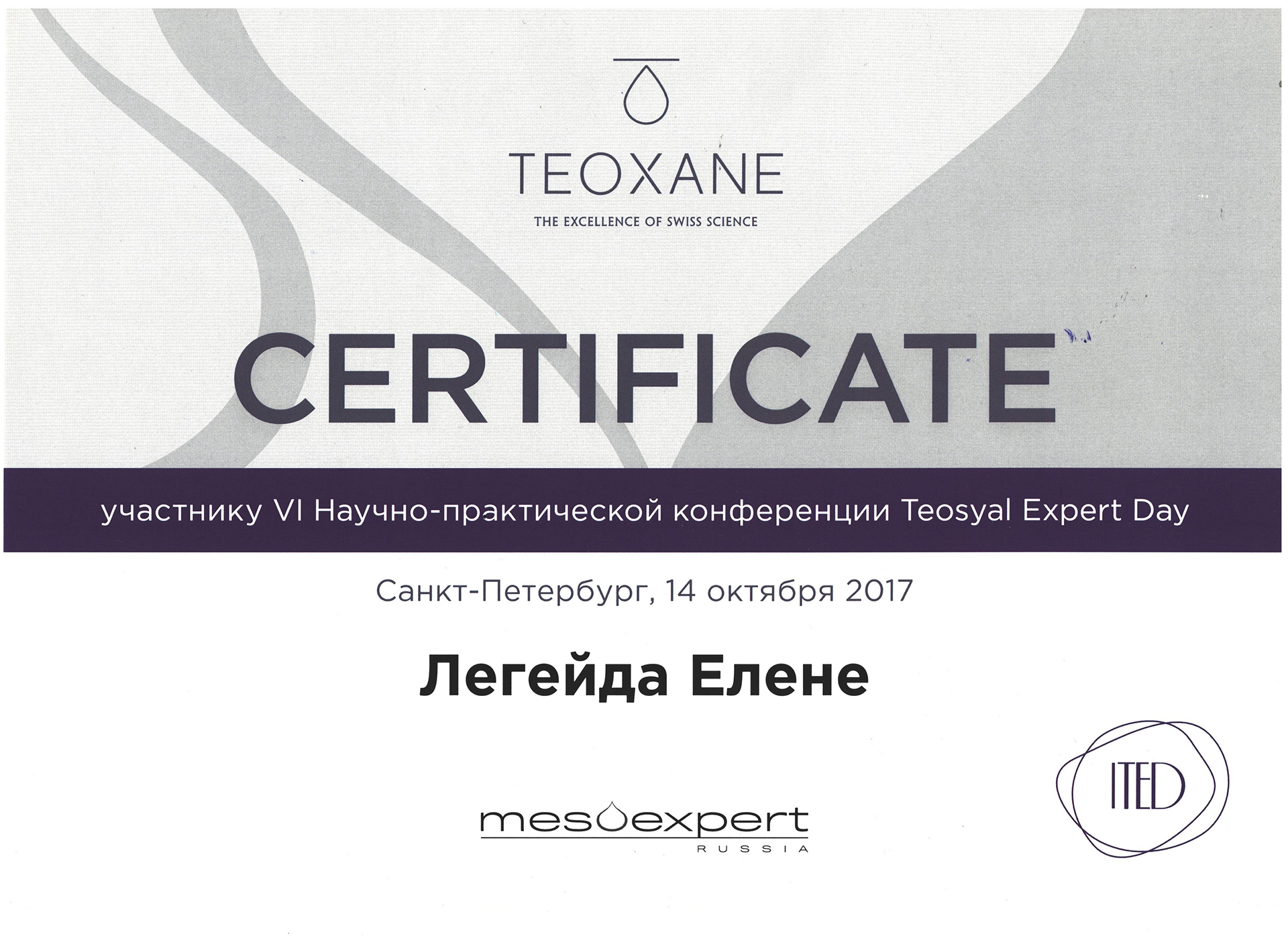 Сертификат — Конференция Teosyal Expert Day. Легейда Елена Валерьевна