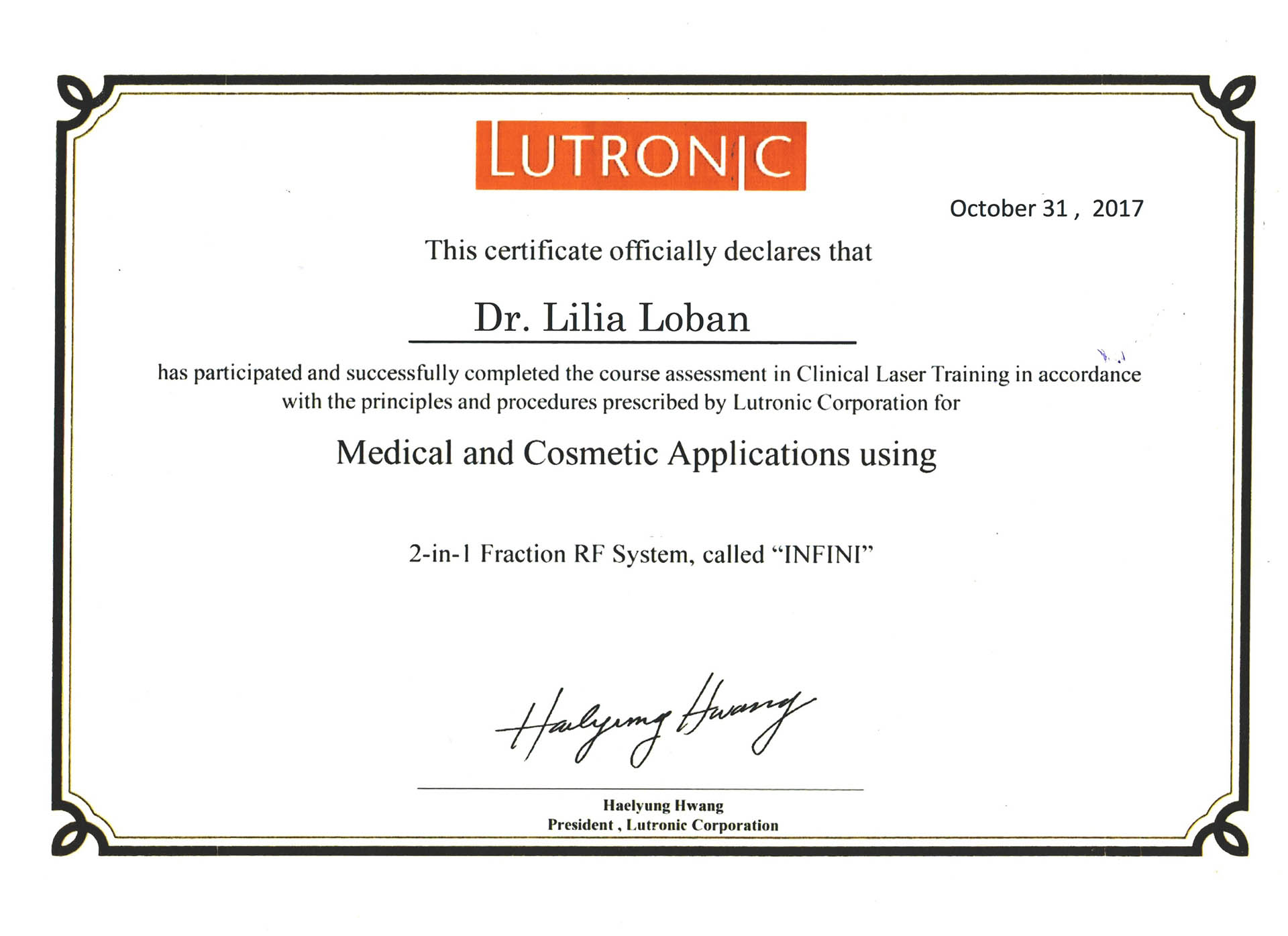 Сертификат — Тренинг «Medical and Cosmetic Applications using». Живоглазова Лилия Анатольевна